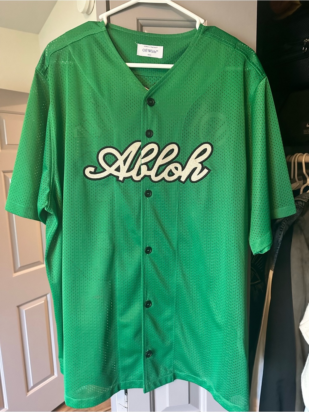 Off-White Green Mesh Baseball-Style Button-Up with 'Abloh' Script